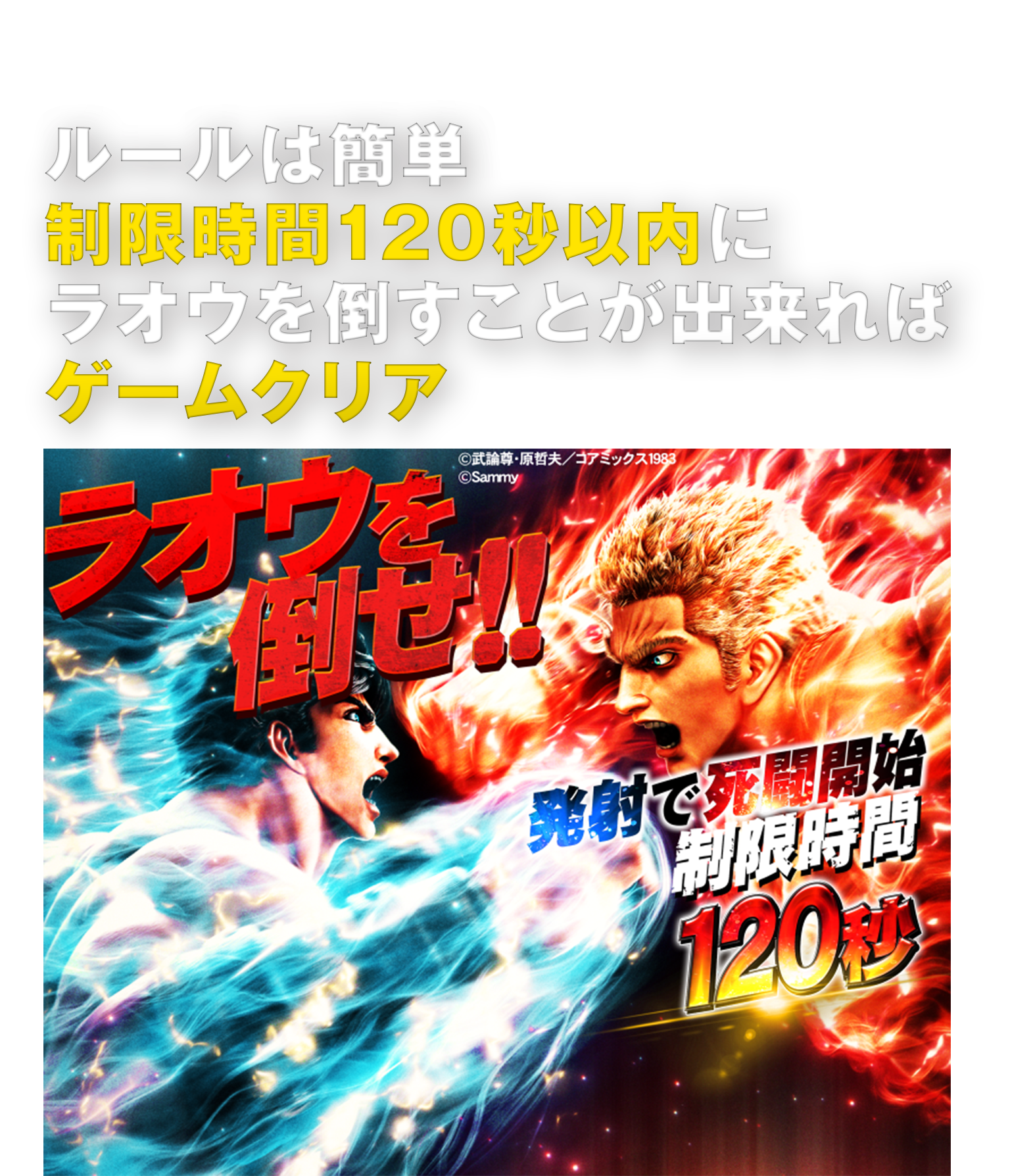ルールは簡単制限時間120秒以内にラオウを倒すことが出来ればゲームクリア