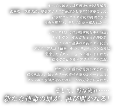 すべての始まりは皇暦2010年8月10日、世界唯一の超大国、神聖ブリタニア帝国が日本に宣戦布告した。