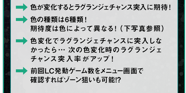 色が変化するとラグランジェチャンス突入に期待！ 色の種類は6種類！期待度は色によって異なる！（下写真参照） 色変化でラグランジェチャンスに突入しなかったら… 次の色変化時のラグランジェチャンス突入率がアップ！前回LC発動ゲーム数をメニュー画面で確認すればゾーン狙いも可能！？