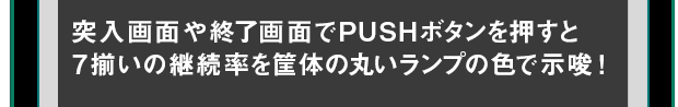 突入画面や終了画面でPUSHボタンを押すと7揃いの継続率を筐体の丸いランプの色で示唆！